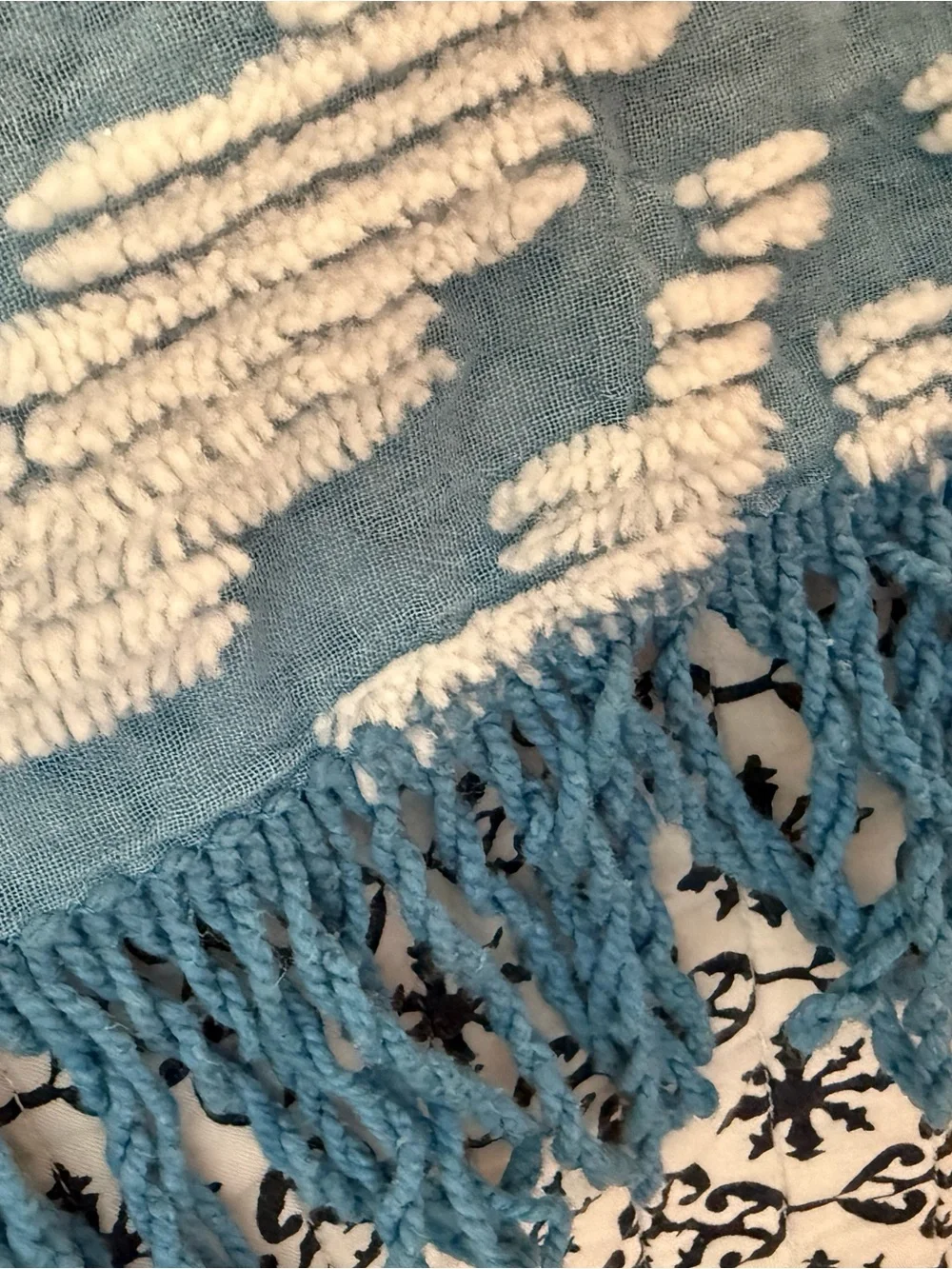 Vintage Montgomery Ward Blue & White Chenille Bedspread Full Fringe Cottagecore